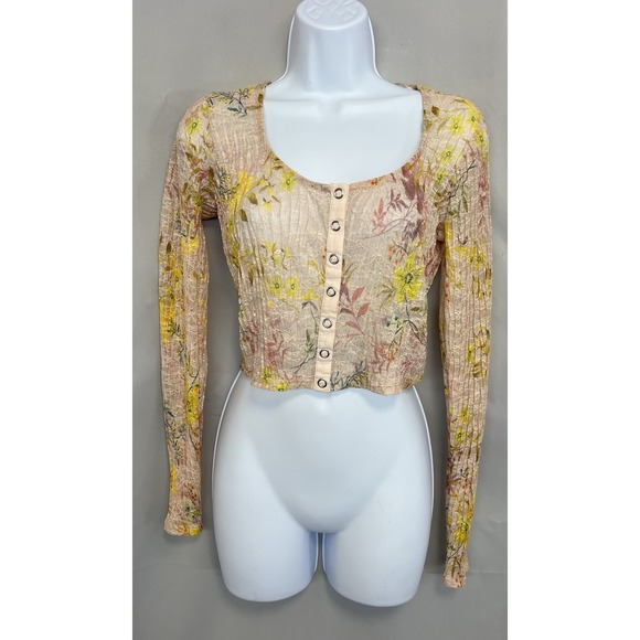 Free People We The Free Angelina Top Long Sleeve Sheer Lace Floral Cropped Top S - Picture 2 of 13
